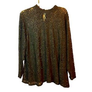 LANE BRYANT Blouse Top sz30/32 Sheer Black Lace Long Sleeve 2Button Keyhole Back